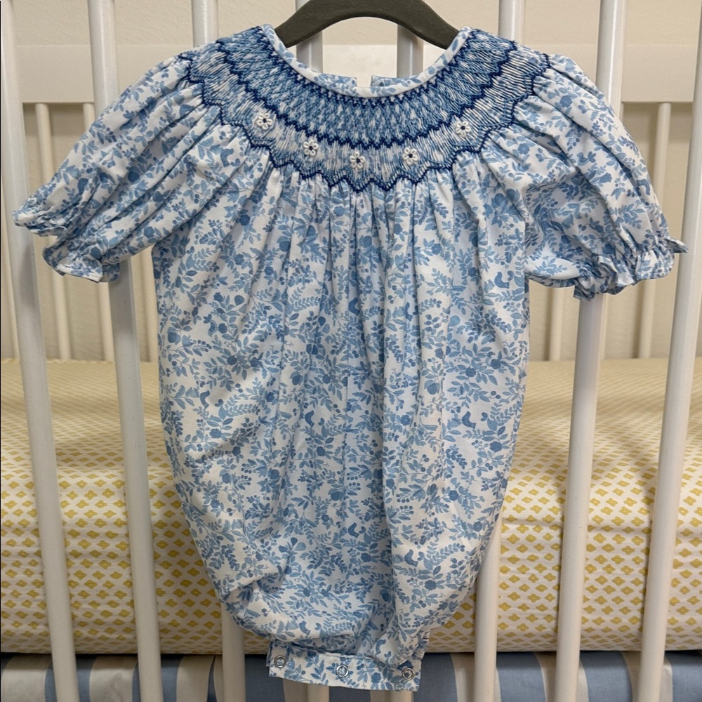 Blue and White Winter Floral Baby Romper